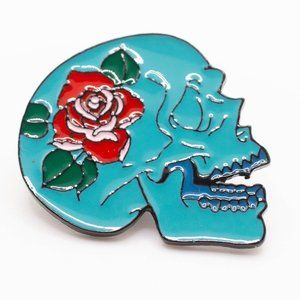 Metal & Enamel Blue Skull with Red Rose Lapel Pin (New)